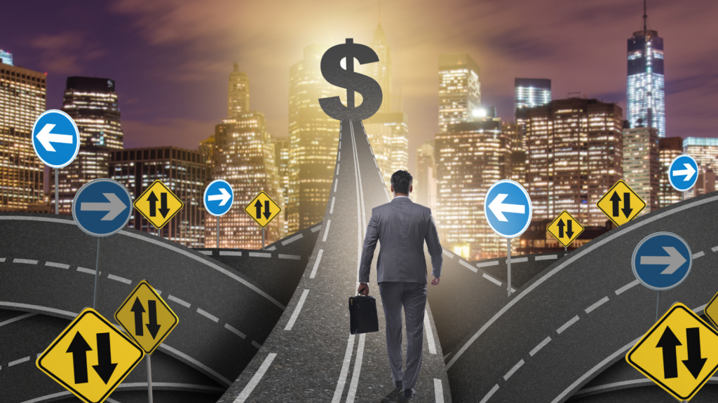 Illustration of a businessperson choosing among roads toward a dollar sign.