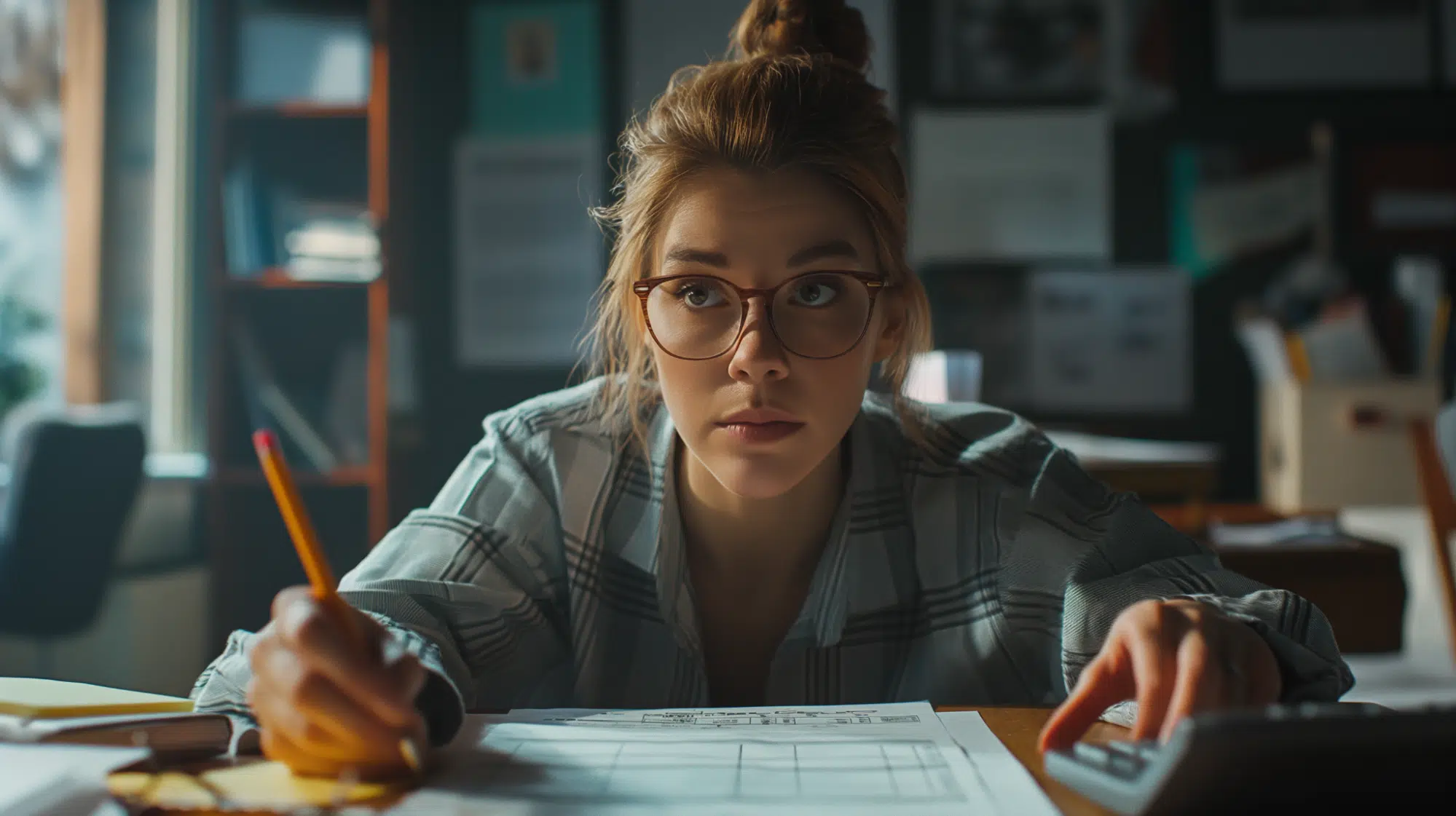Person reviewing financial records with a pencil and calculator.