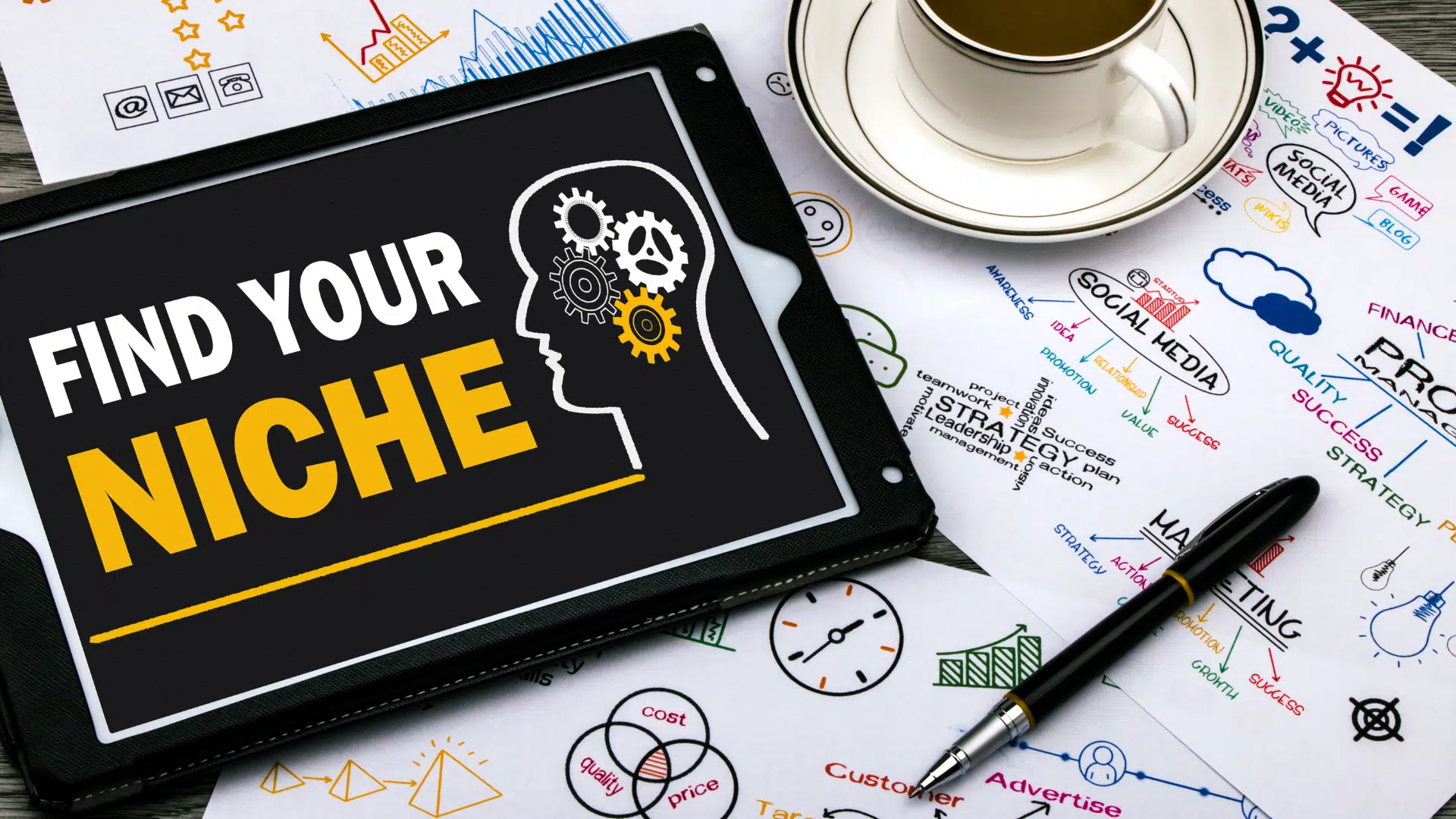 Tablet displaying Find Your Niche beside planning notes.