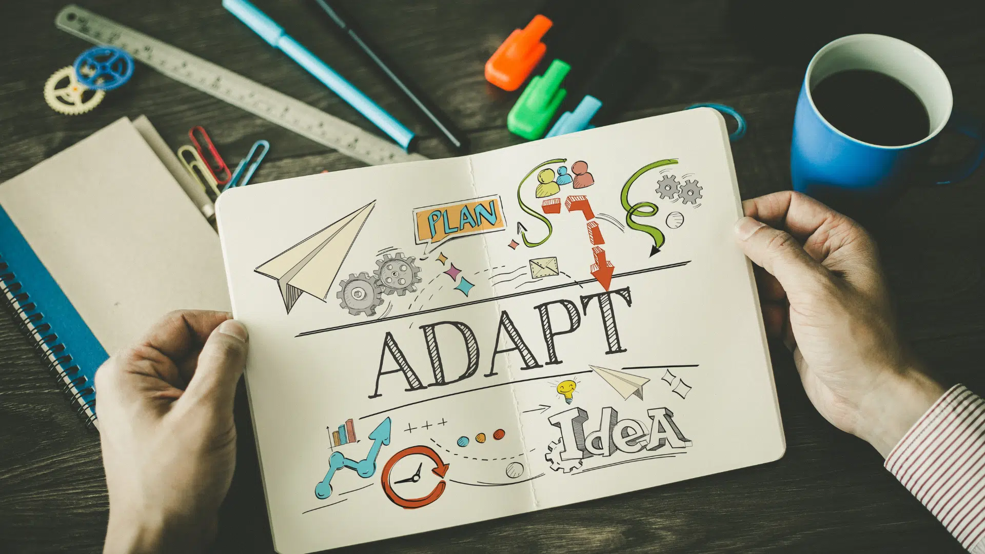 Notebook with the word Adapt and planning illustrations.