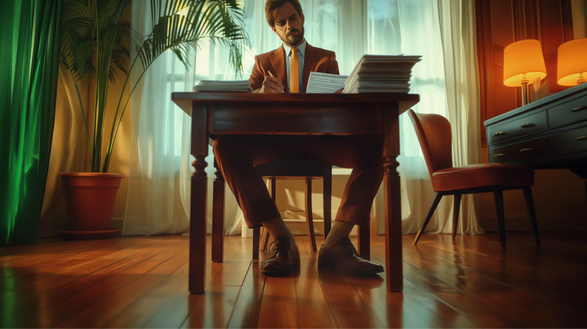 Person reviewing a stack of applications at a desk.