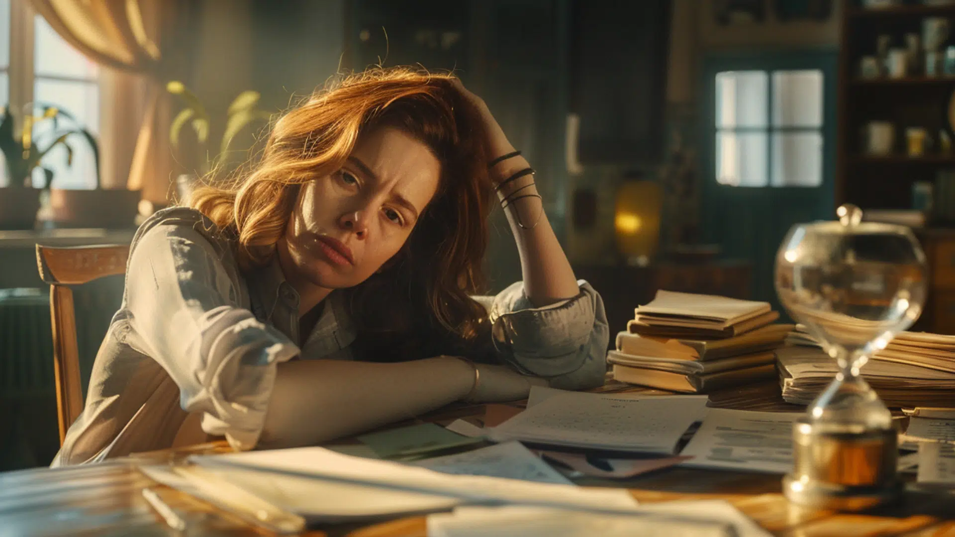 Person at a desk with paperwork and an hourglass.