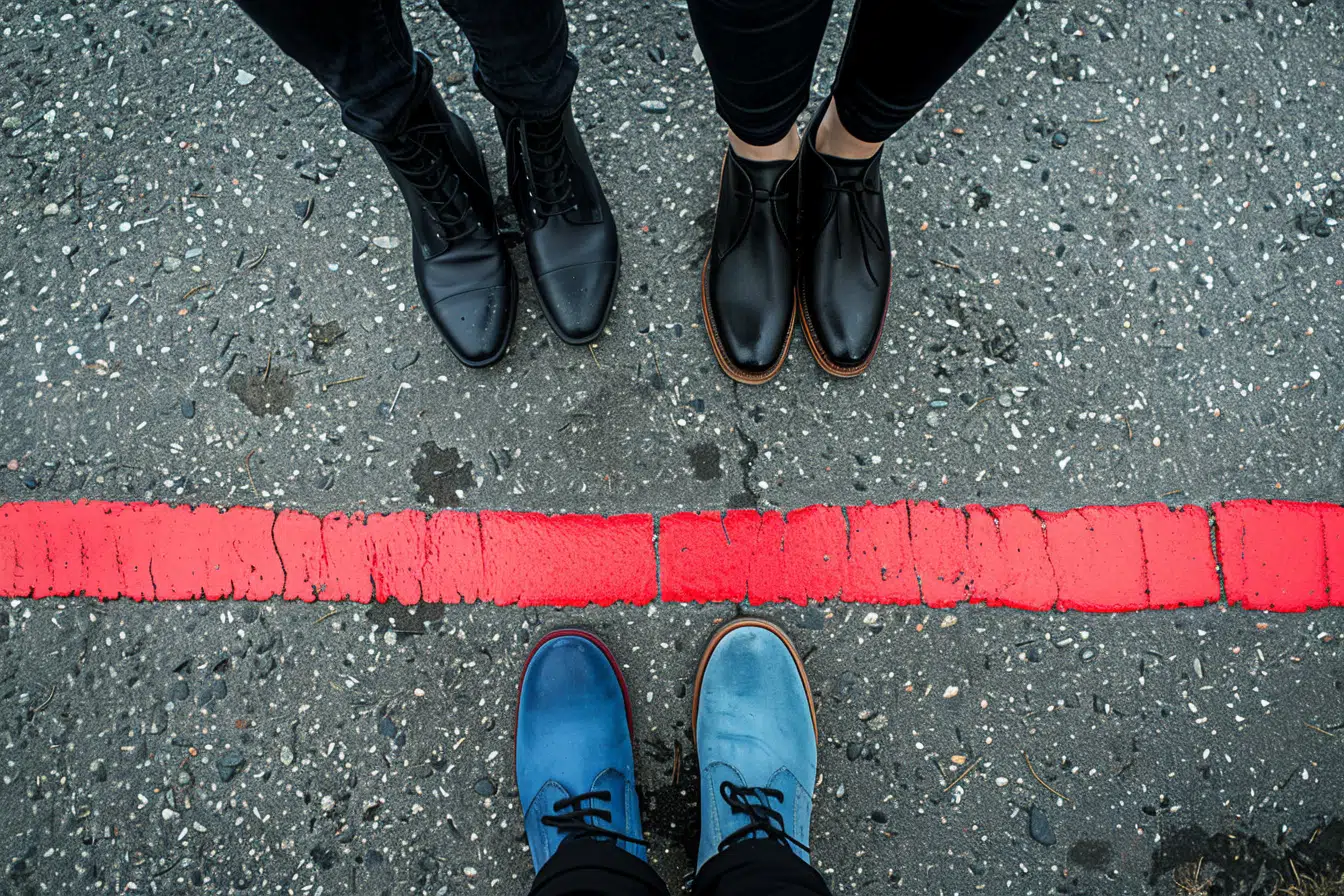 People standing on opposite sides of a red line.